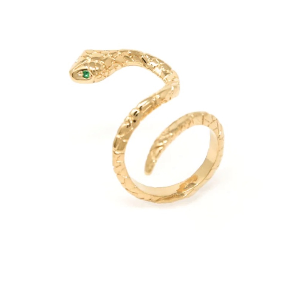 Snake ring gold plated with green eyes